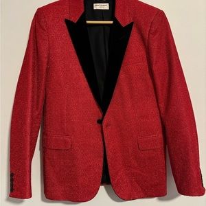 Saint Laurent PARIS men’s red sparkle tuxedo jacket with black velvet accents.